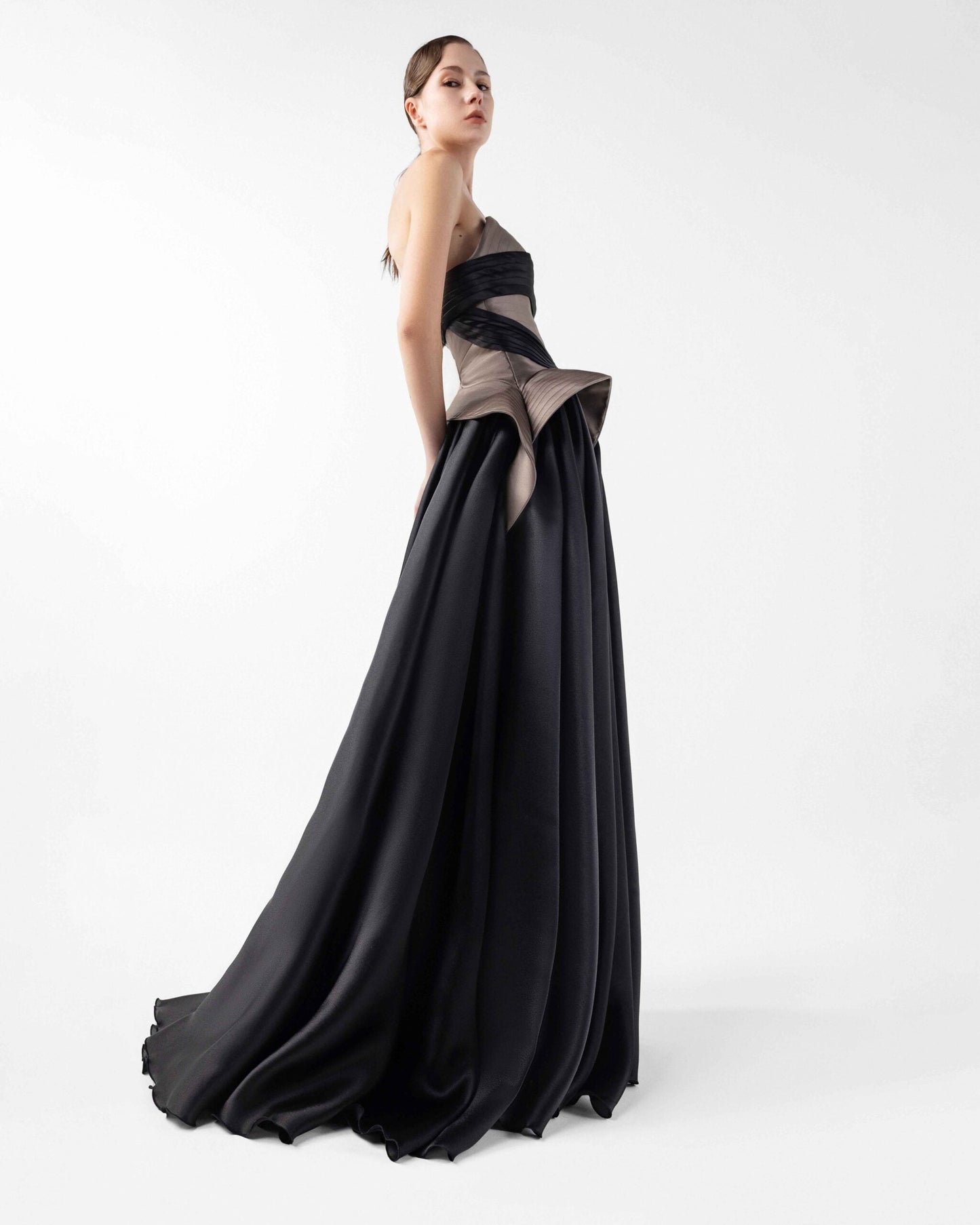 Striking Black Organza Gown with Chocolate Mikado Taffeta Bodice