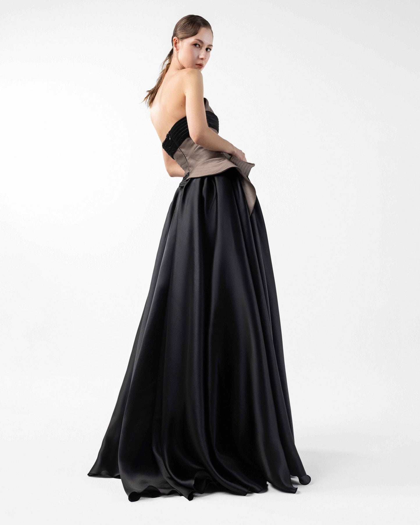 Striking Black Organza Gown with Chocolate Mikado Taffeta Bodice