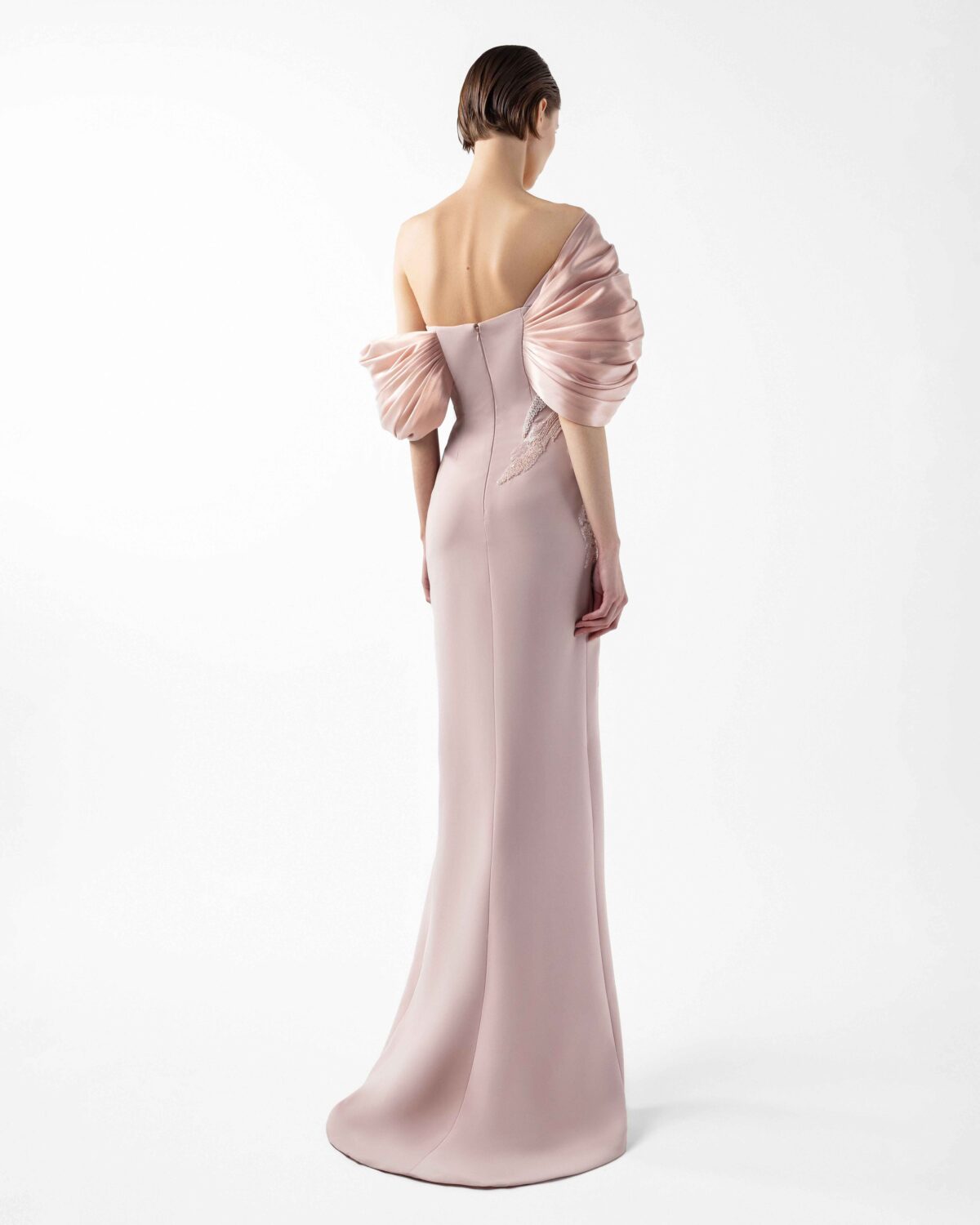 Draped Petal Crepe and Metallic Blush Gown