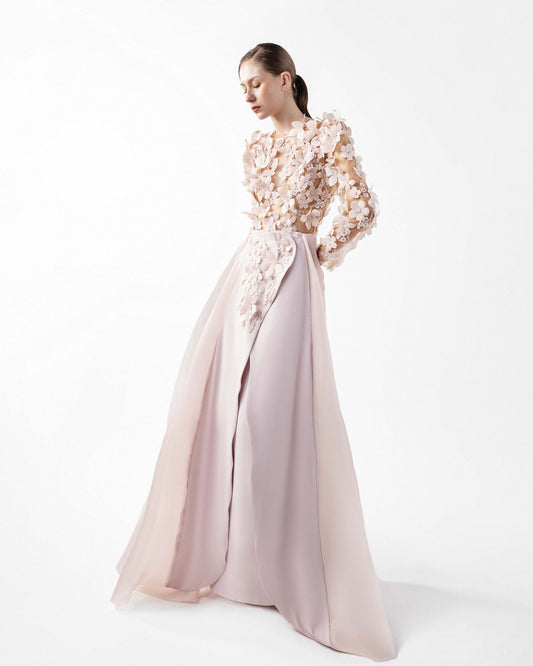 Ethereal Pink Floral Illusion Gown with Fluid Envelope Skirt