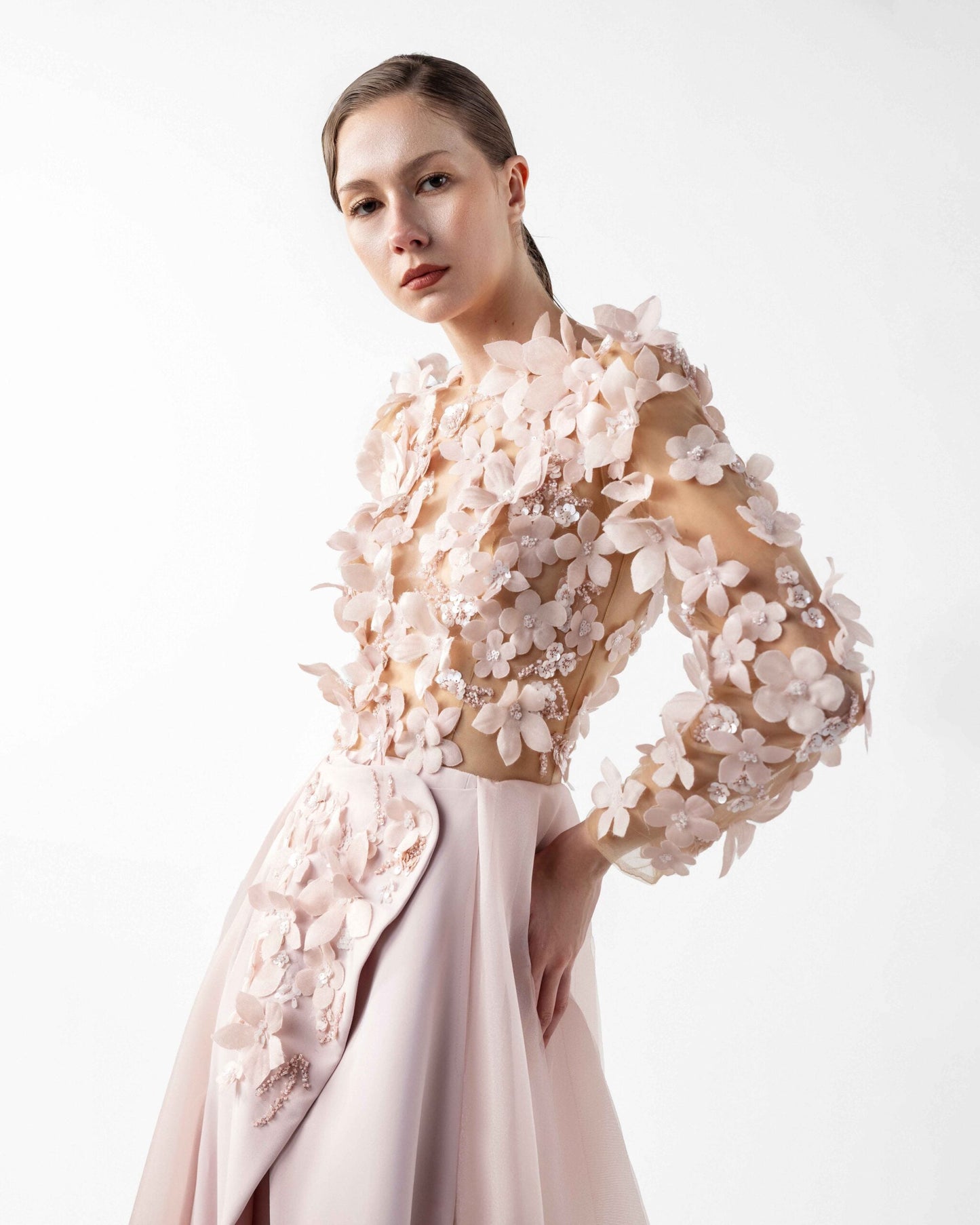Ethereal Pink Floral Illusion Gown with Fluid Envelope Skirt