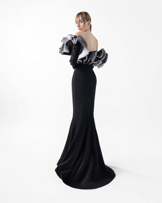 Romantic Black Gown with Sculptural Ruffles and Sleeves