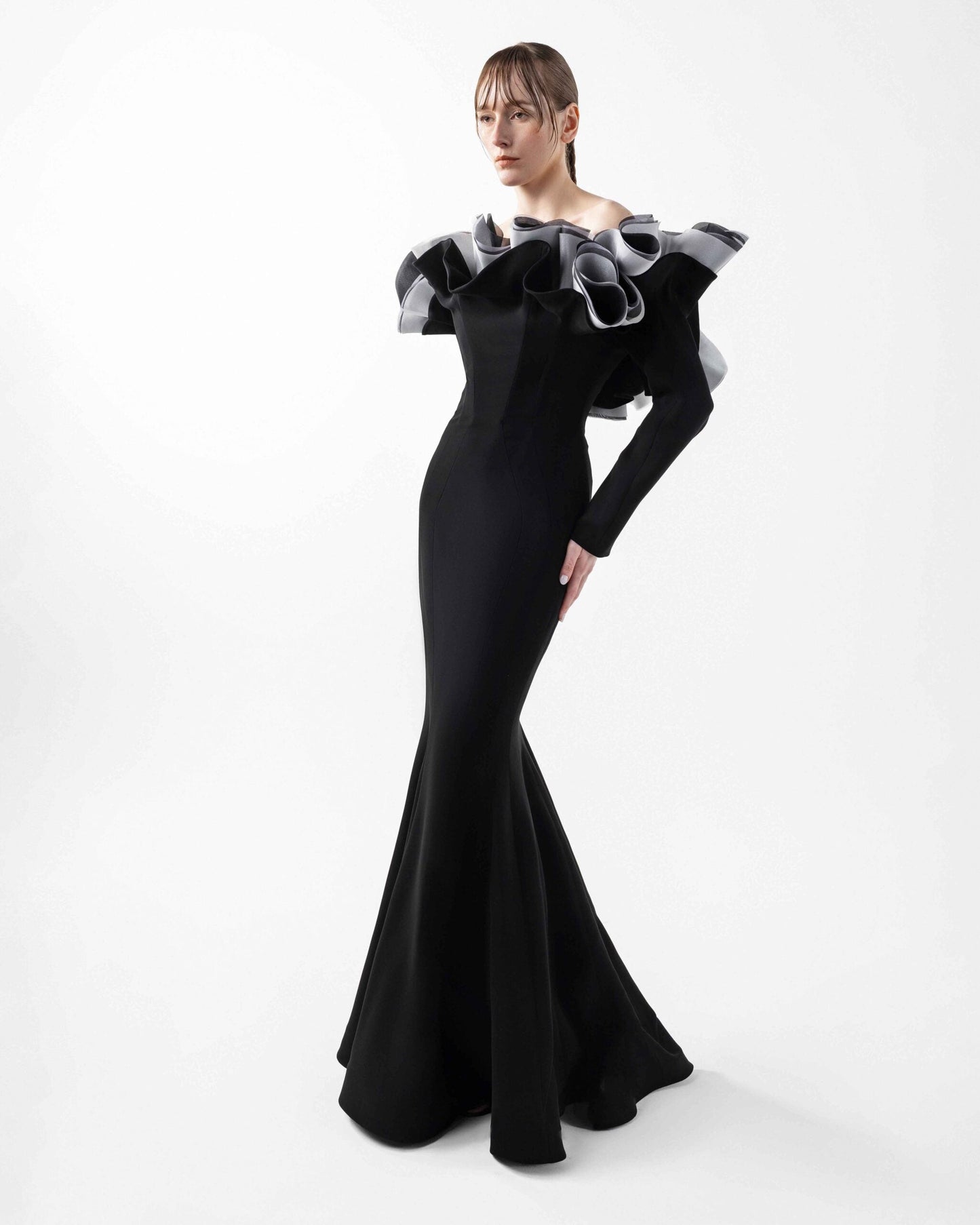 Romantic Black Gown with Sculptural Ruffles and Sleeves