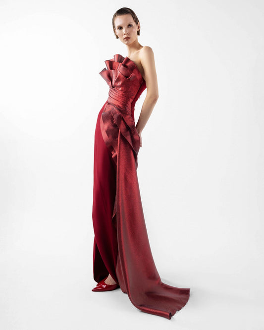 Exquisite Sculptural Burgundy Gown With Layered Lamé Organza Bodice