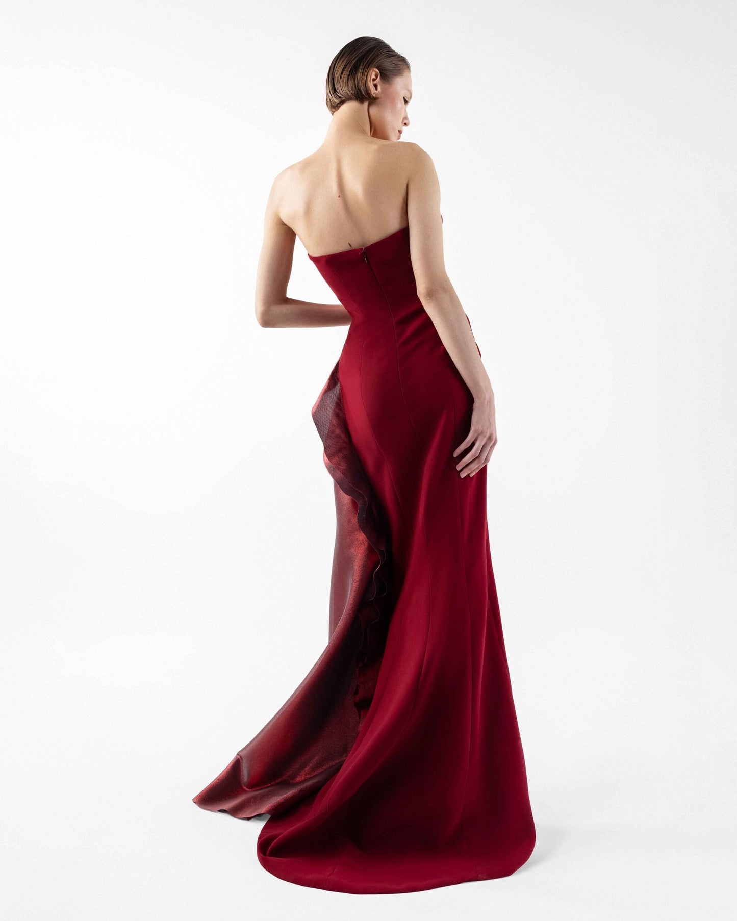 Exquisite Sculptural Burgundy Gown With Layered Lamé Organza Bodice