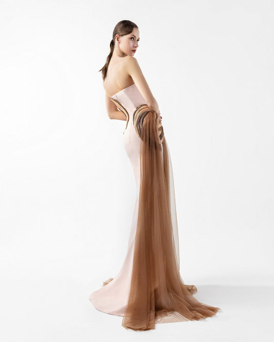 Strapless Nude Crepe Gown with Angular Bronze metallic Folds and Tulle Cascade