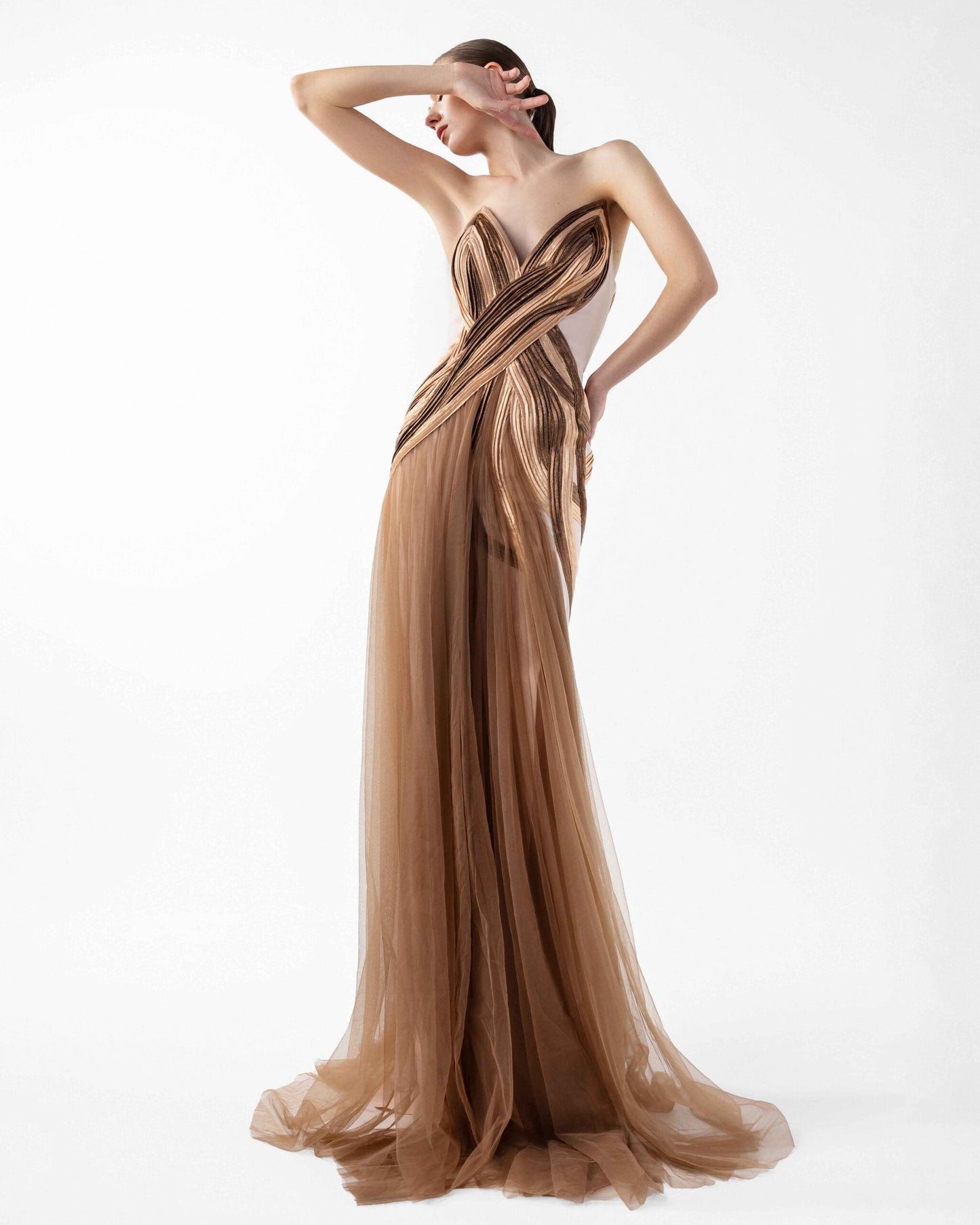 Strapless Nude Crepe Gown with Angular Bronze metallic Folds and Tulle Cascade