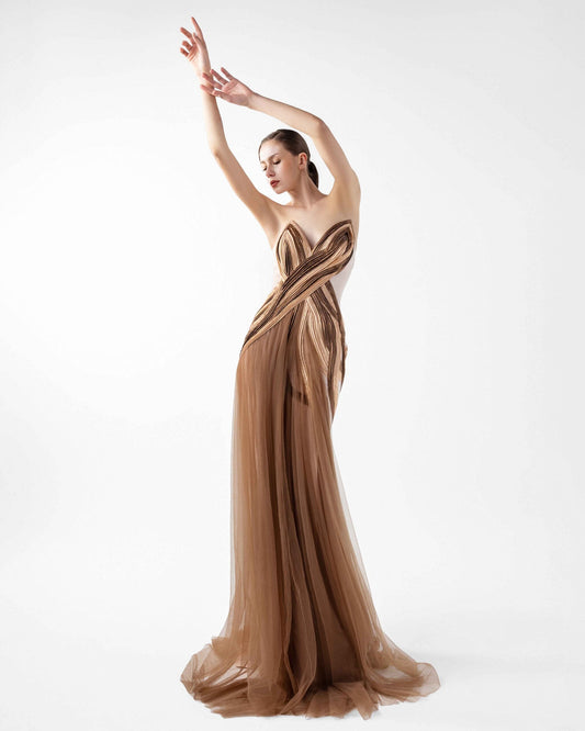 Strapless Nude Crepe Gown with Angular Bronze metallic Folds and Tulle Cascade