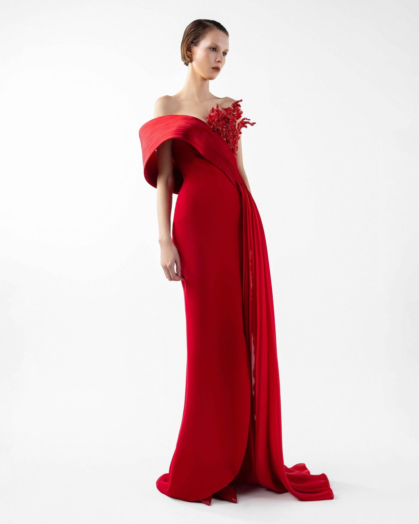Crimson Gown with Sculpted Organza Off-Shoulder and Beaded Flame Bloom
