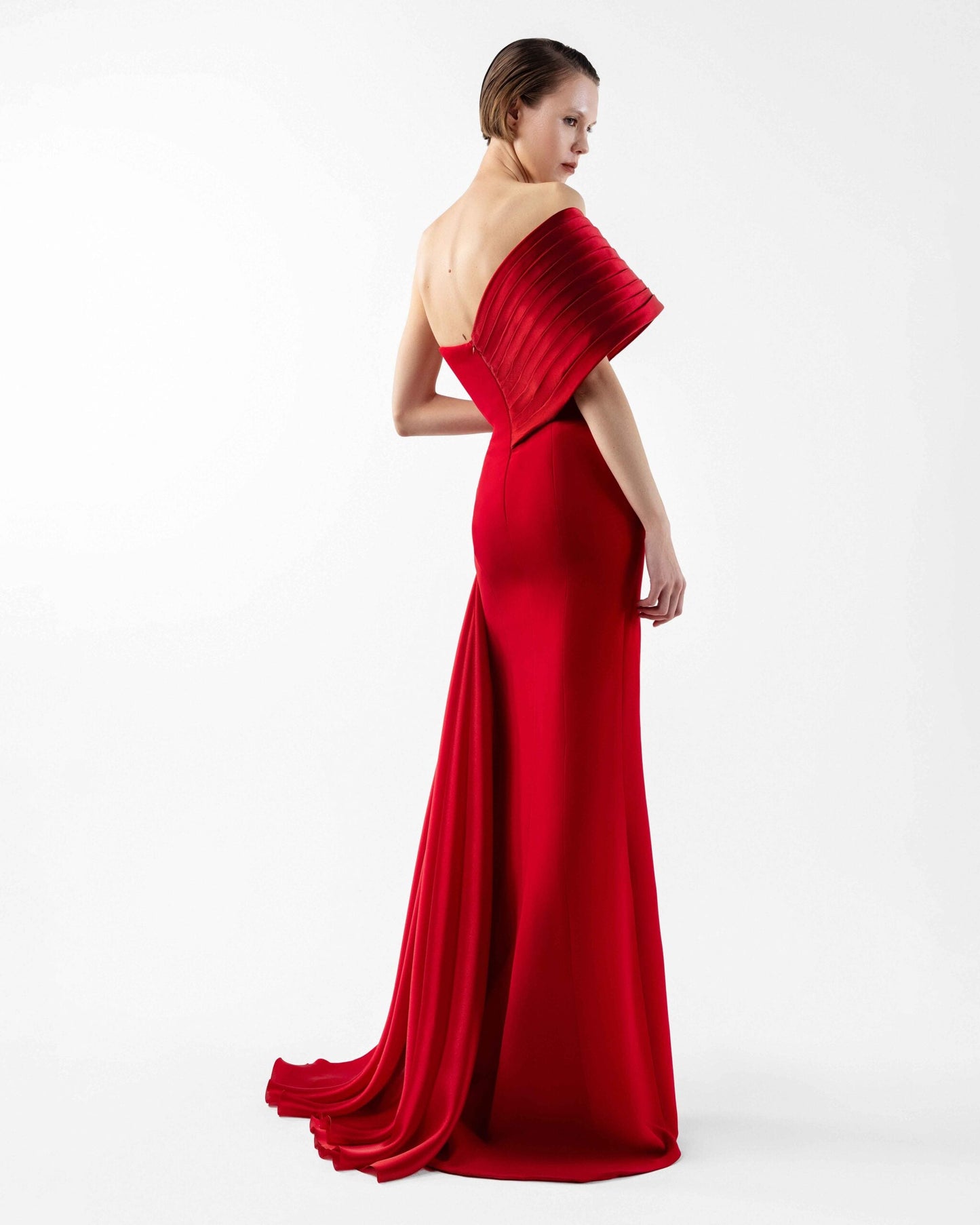 Crimson Gown with Sculpted Organza Off-Shoulder and Beaded Flame Bloom
