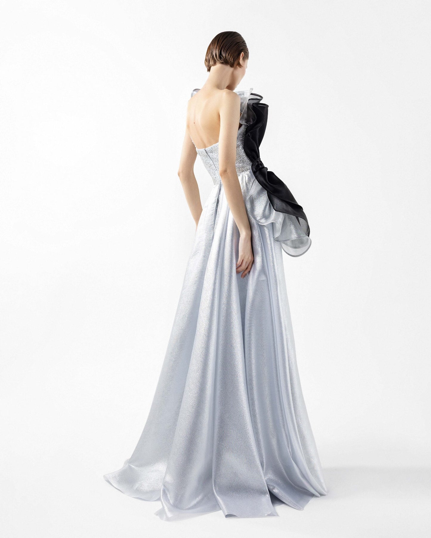 Silver Seduction Gown with Sculptural Black Organza Waves