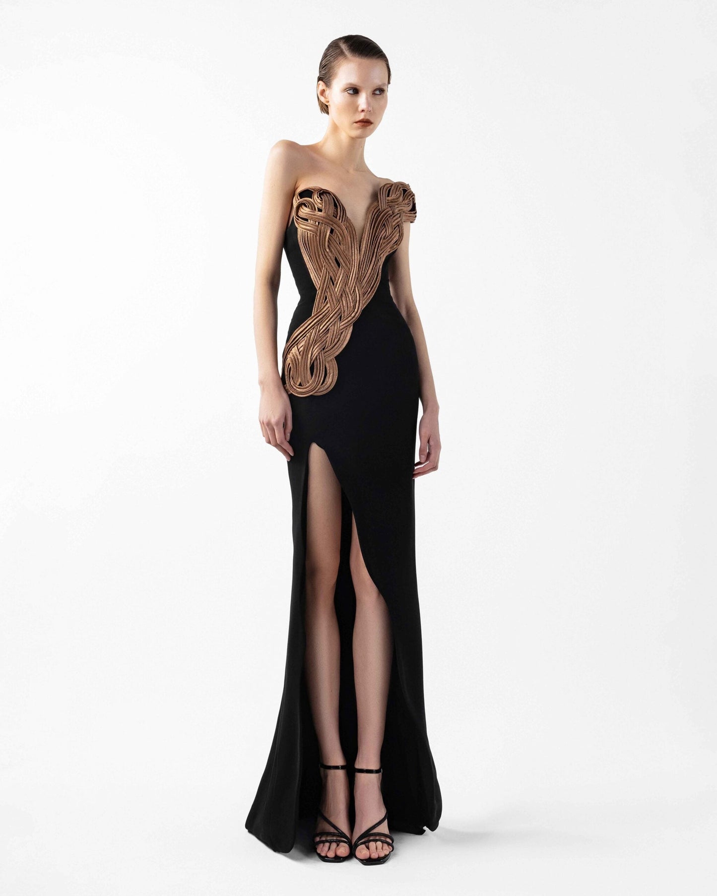 Midnight Noir Gown with Sculptural Bronze Twist and Side Slit