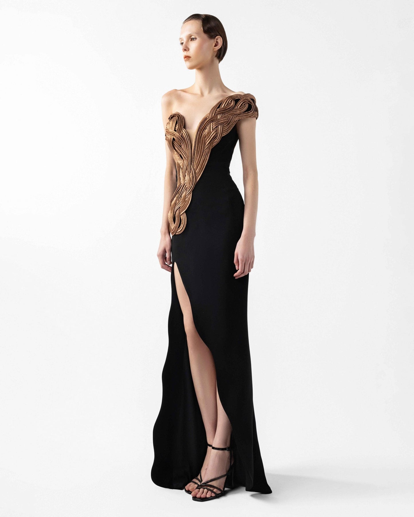 Midnight Noir Gown with Sculptural Bronze Twist and Side Slit