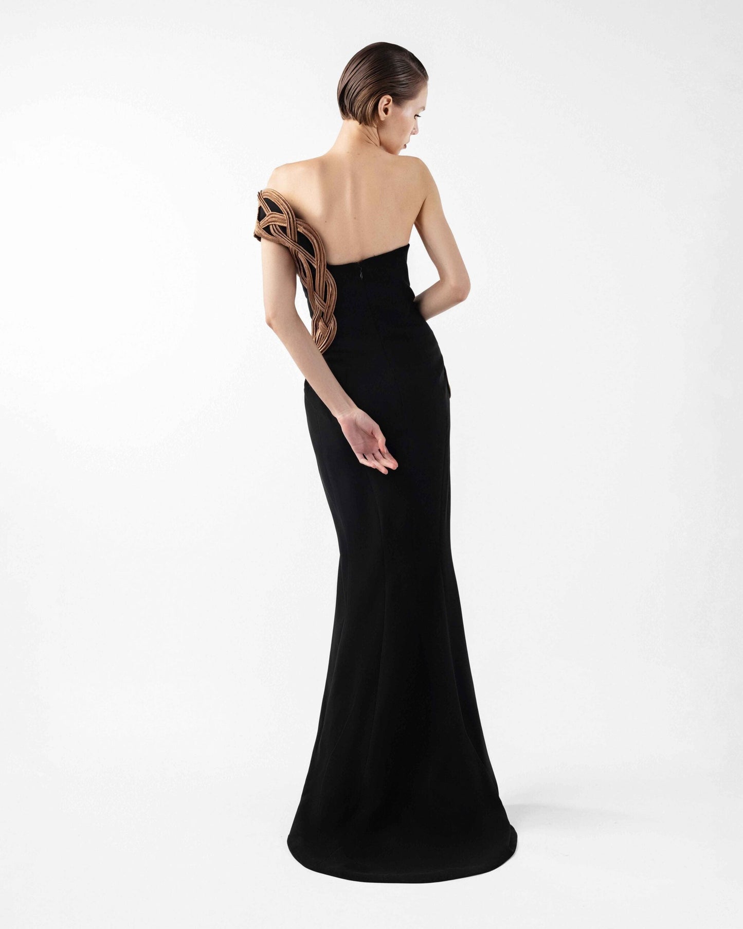 Midnight Noir Gown with Sculptural Bronze Twist and Side Slit