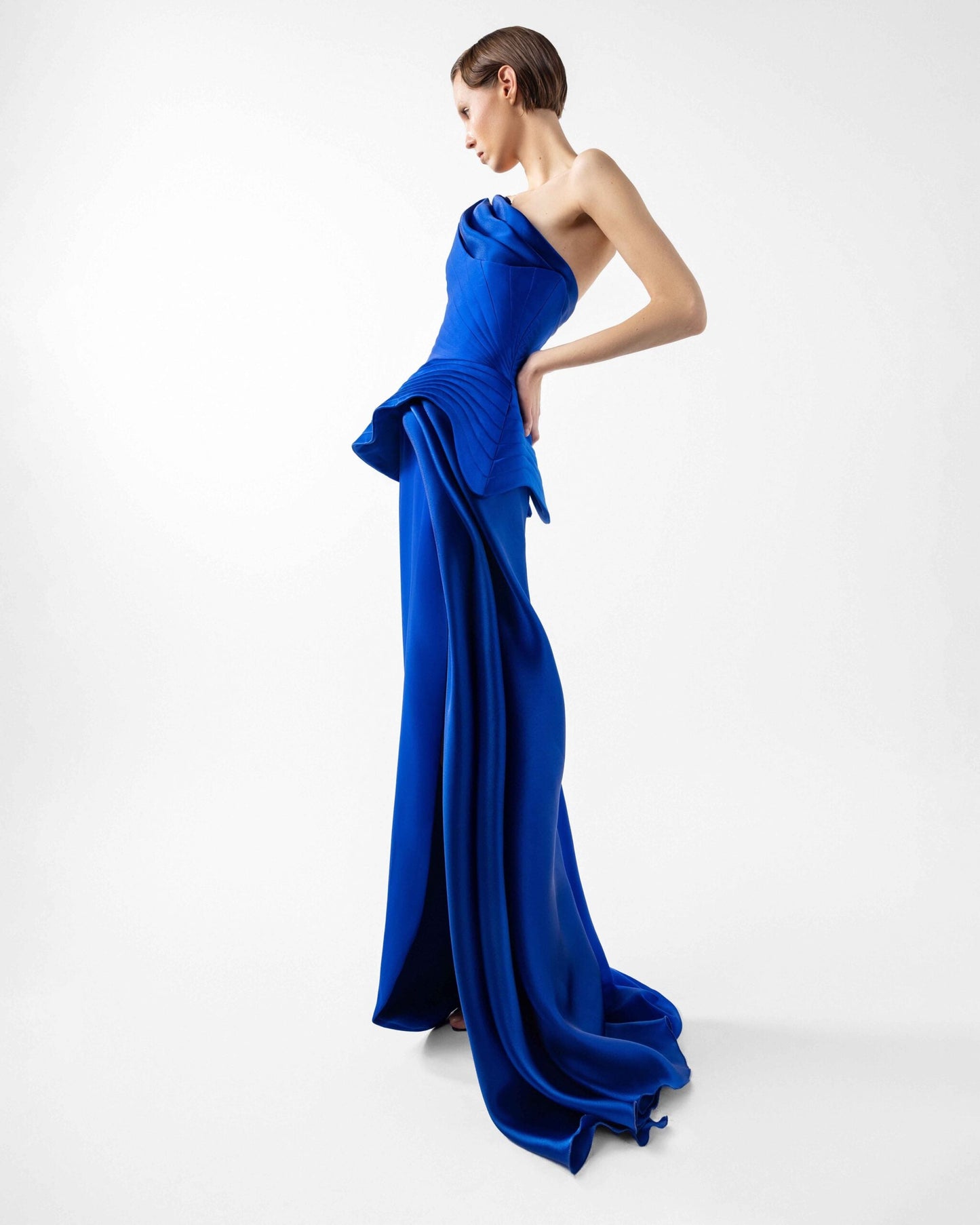 Royal Blue Corset Gown with Ribbed Peplum