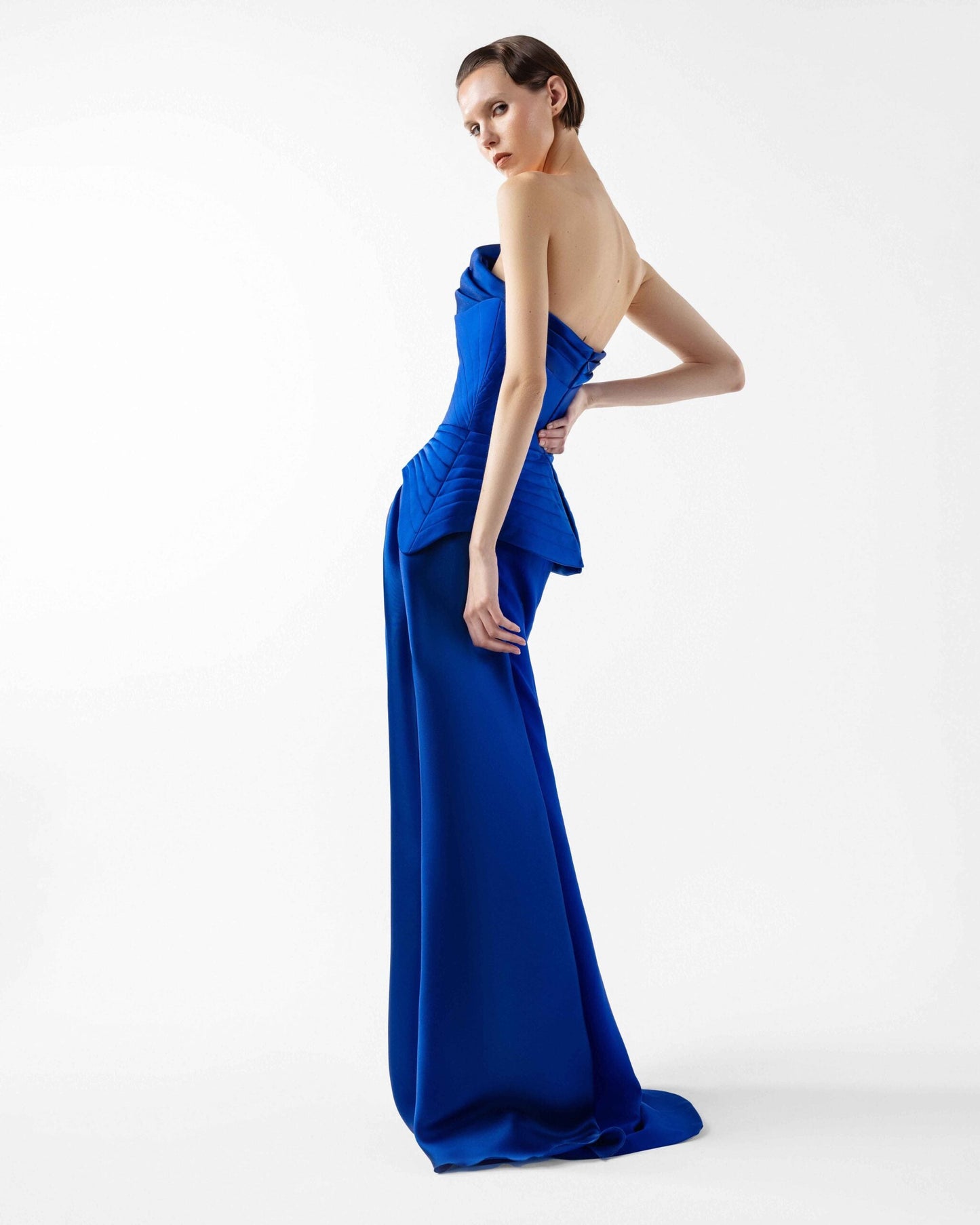 Royal Blue Corset Gown with Ribbed Peplum