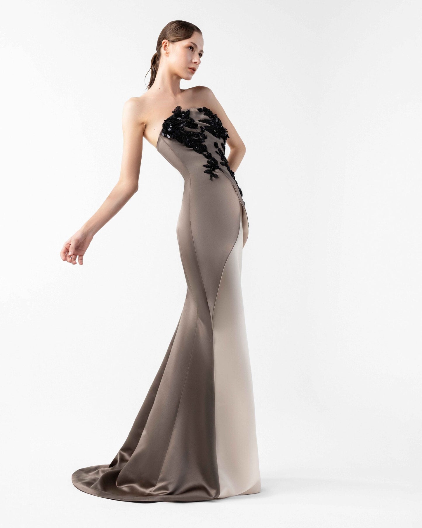 Dual-Tone Cream and Anthracite Gown with Dimensional Embroidery Overlay