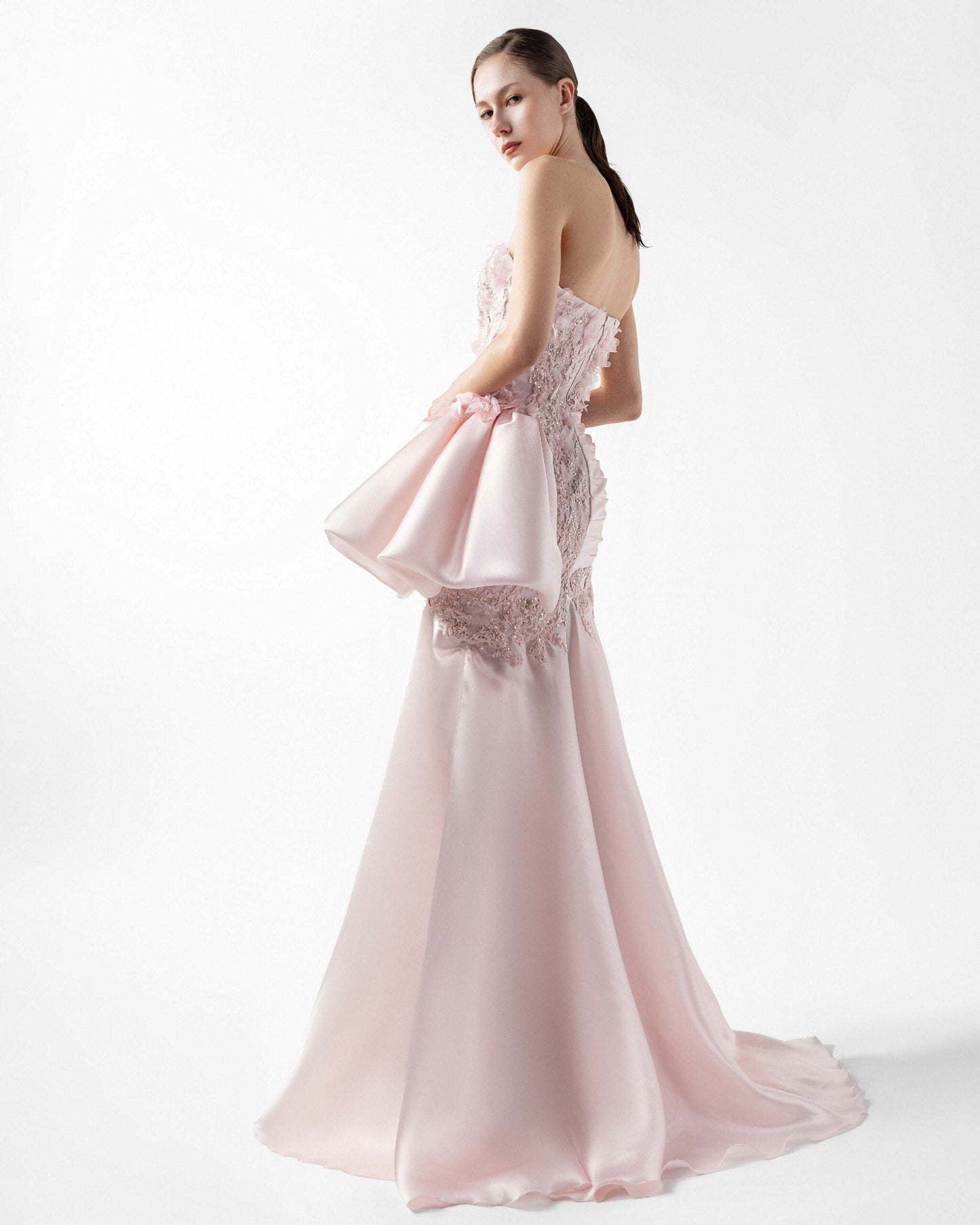 Dreamy Floral Lace, Embellished Pink Organza Gown