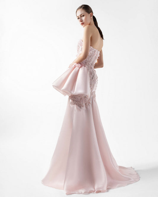 Dreamy Floral Lace, Embellished Pink Organza Gown