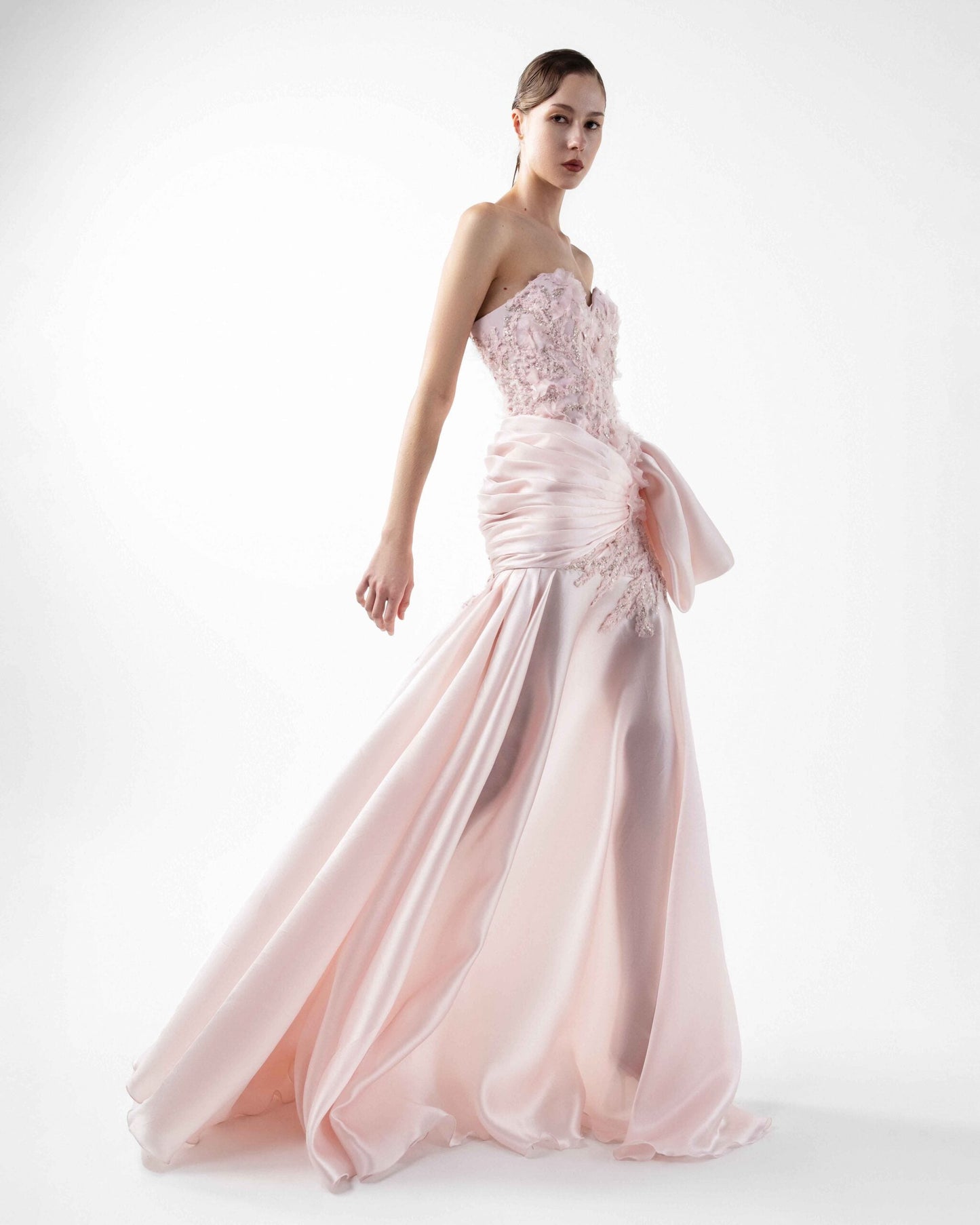 Dreamy Floral Lace, Embellished Pink Organza Gown
