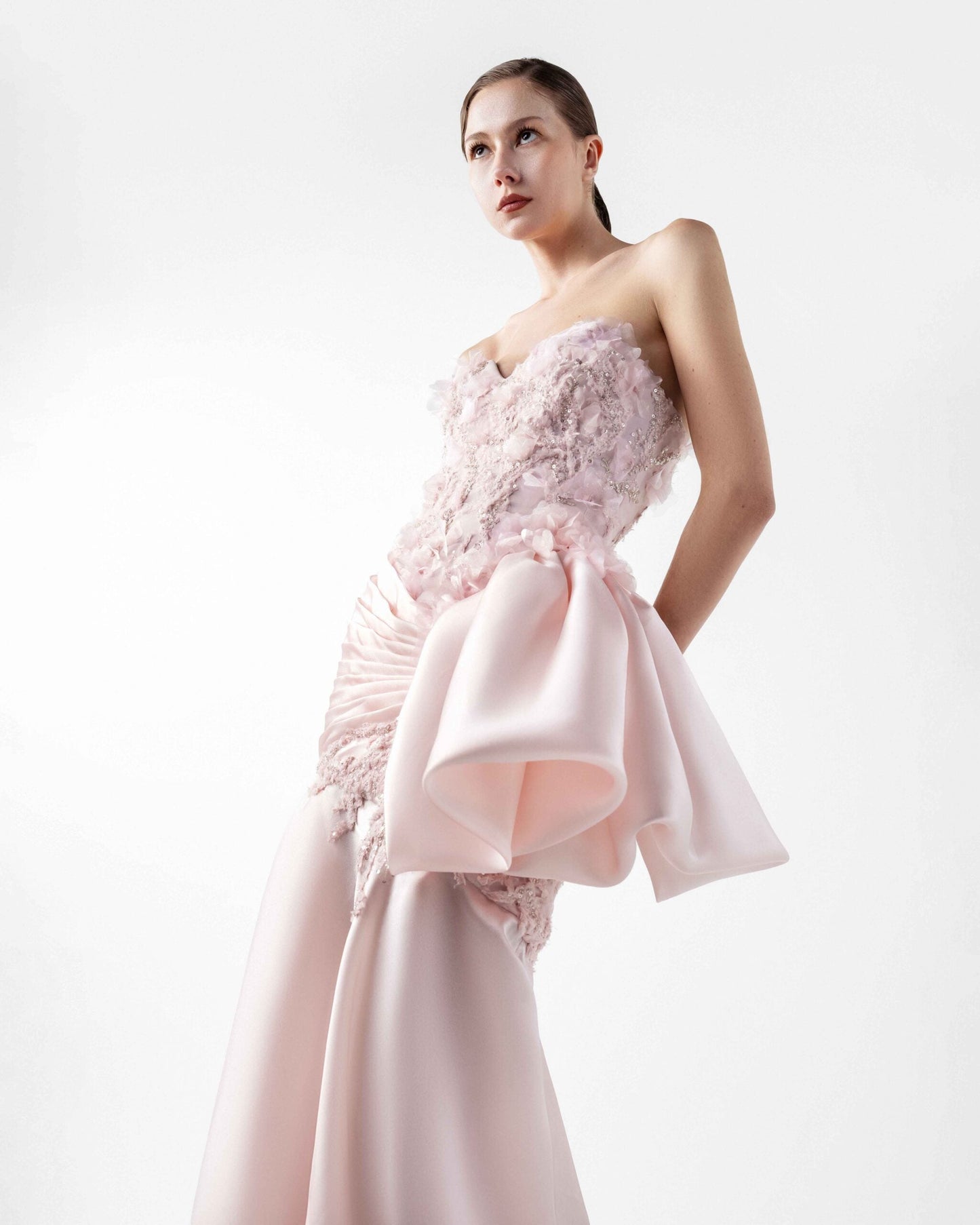 Dreamy Floral Lace, Embellished Pink Organza Gown
