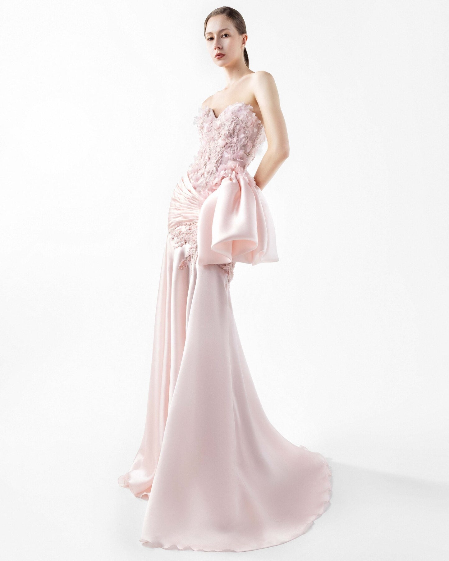 Dreamy Floral Lace, Embellished Pink Organza Gown