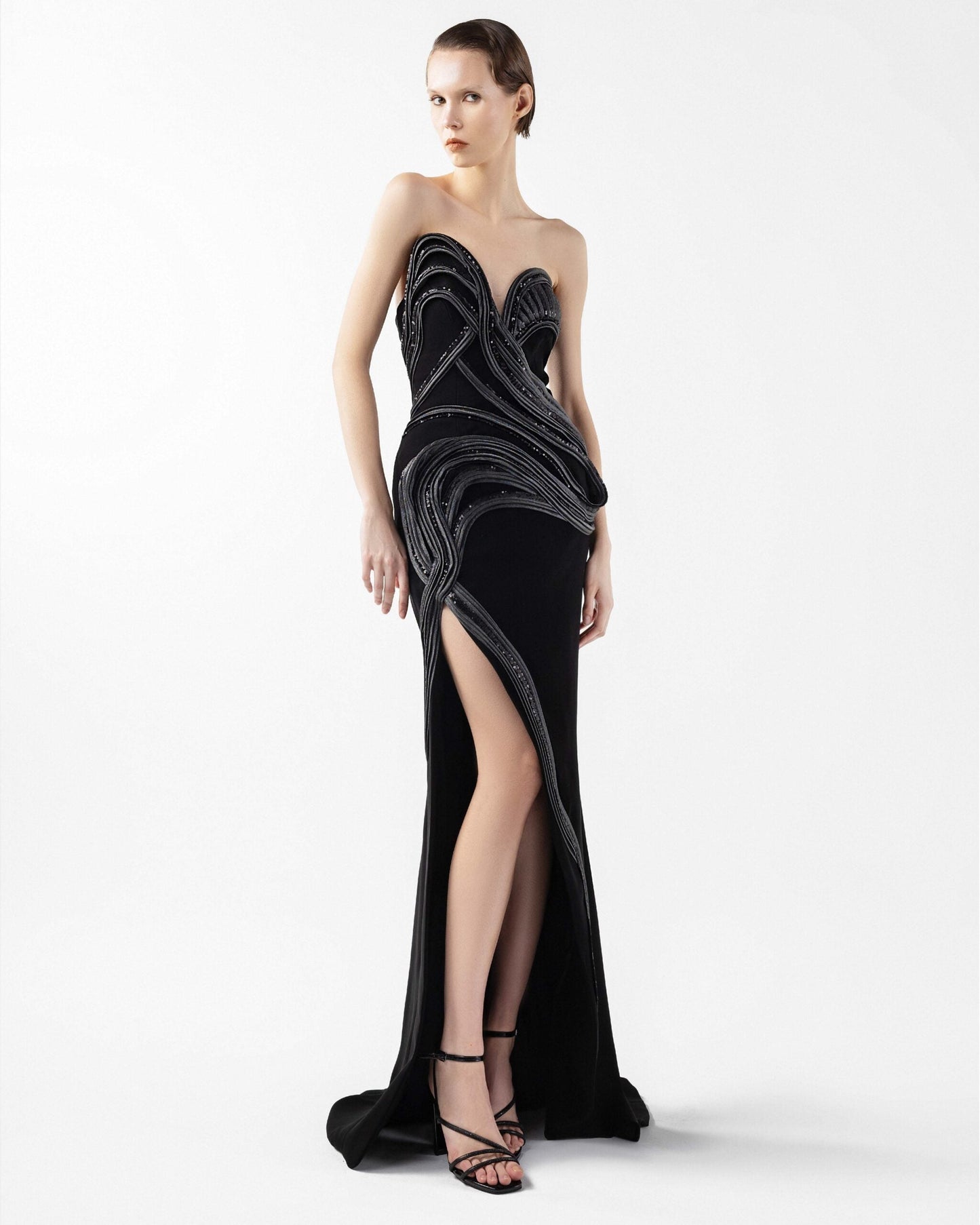 Strapless Asymmetrical Evening Gown with Anthracite Lamé Crystal Accents