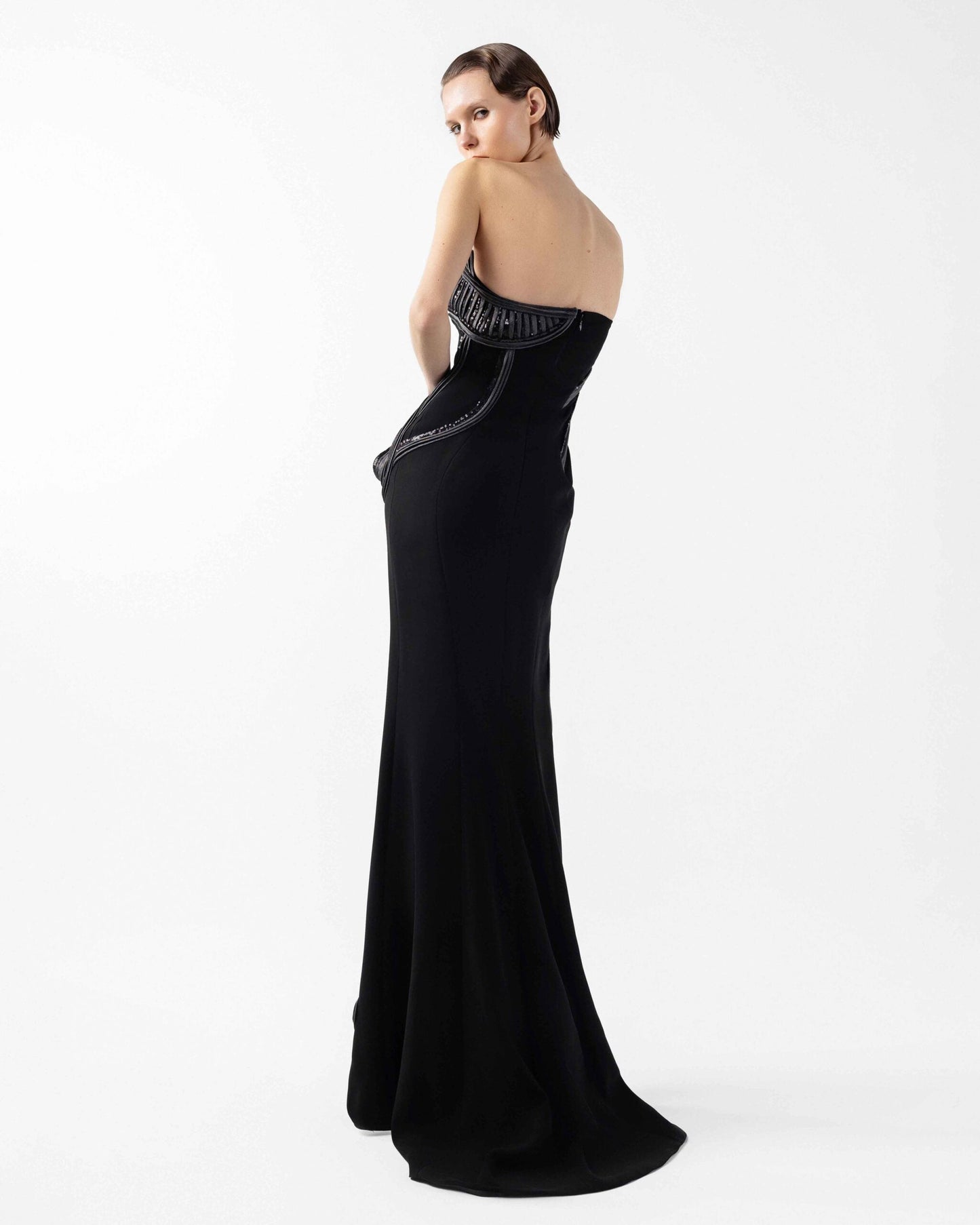 Strapless Asymmetrical Evening Gown with Anthracite Lamé Crystal Accents