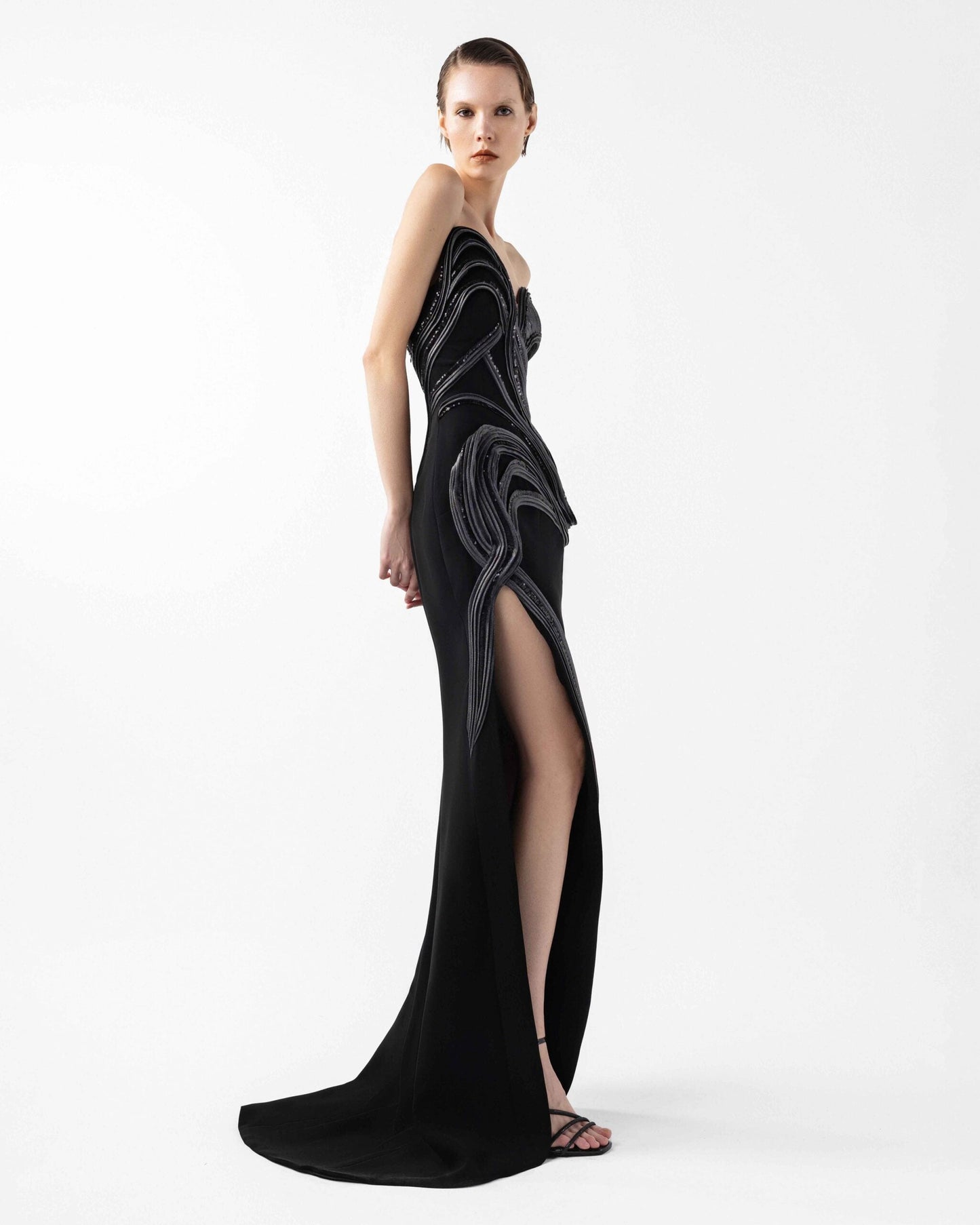 Strapless Asymmetrical Evening Gown with Anthracite Lamé Crystal Accents
