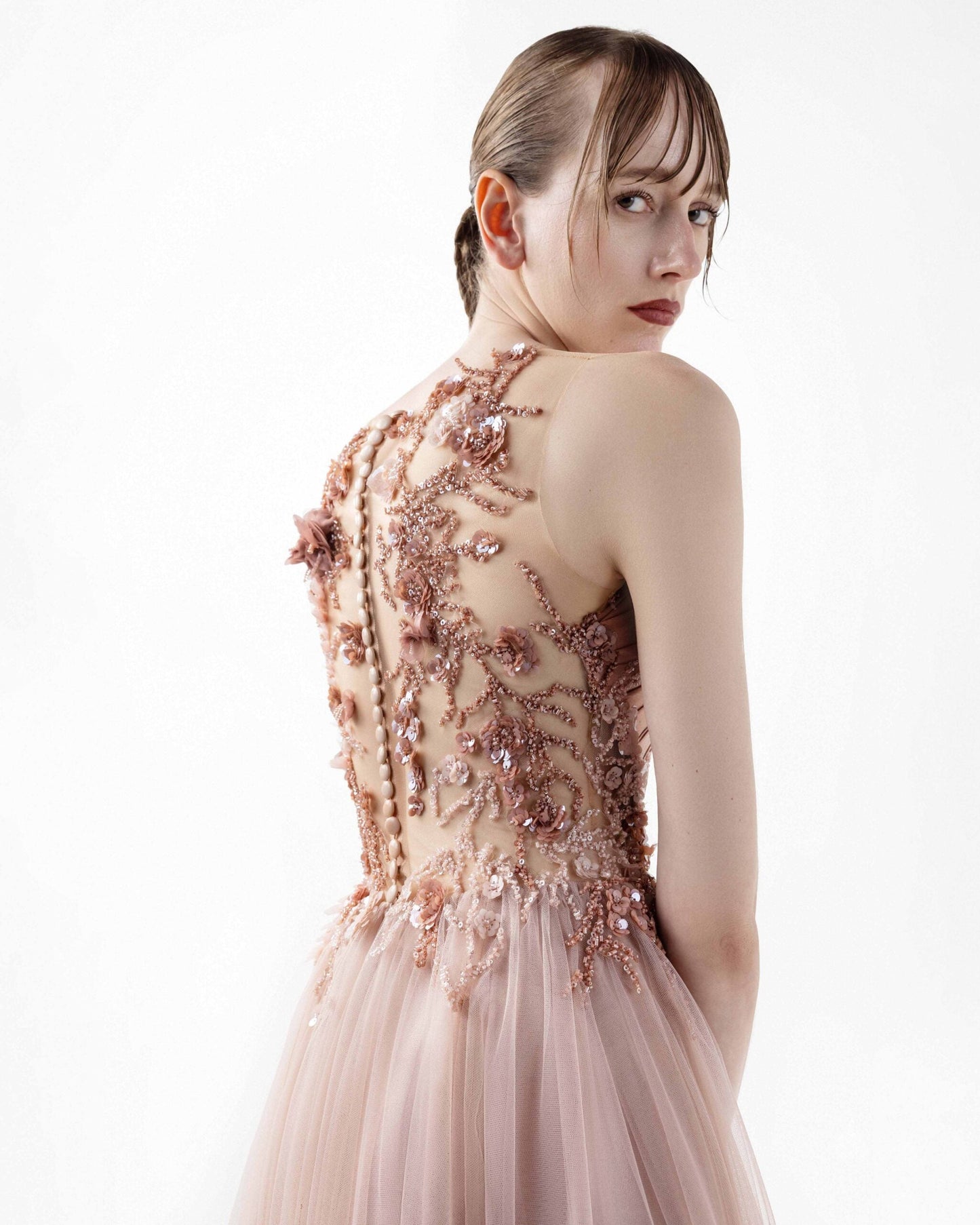 Blush Sheer Tulle Skirt Illusion Gown with Cascading Floral Embroidery