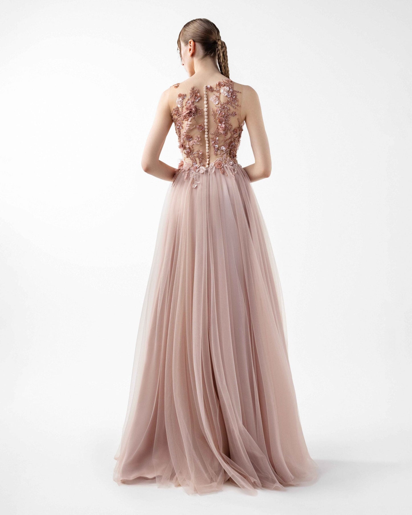 Blush Sheer Tulle Skirt Illusion Gown with Cascading Floral Embroidery