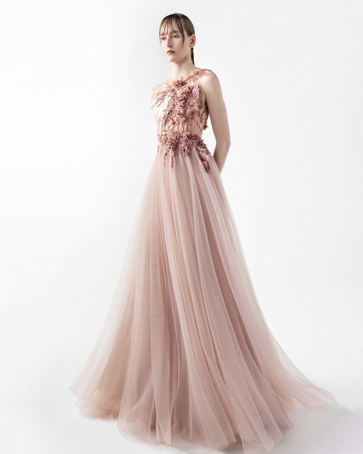 Blush Sheer Tulle Skirt Illusion Gown with Cascading Floral Embroidery