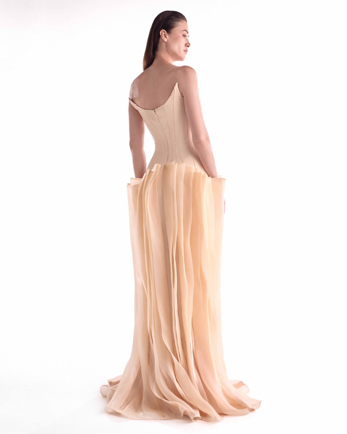 Sculptural Angled Deep-V Gown with Floating Organza Waves