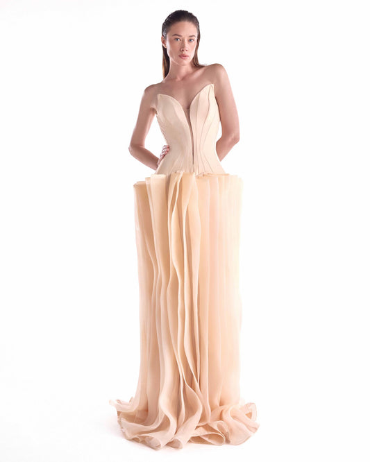 Sculptural Angled Deep-V Gown with Floating Organza Waves