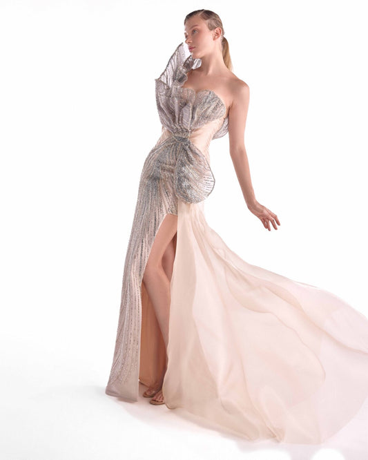 Moonlace 3d embroidered Reverie Gown with cascading gold blend liquid cloche.