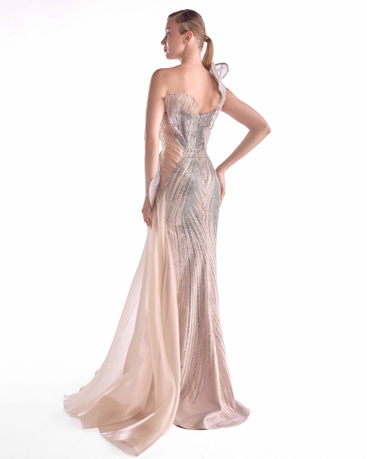 Moonlace 3d embroidered Reverie Gown with cascading gold blend liquid cloche.