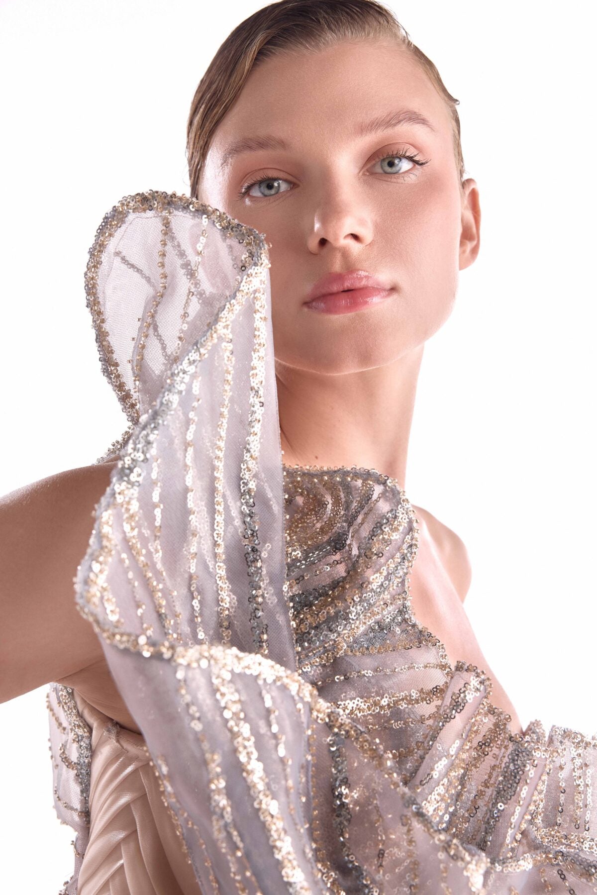 Moonlace 3d embroidered Reverie Gown with cascading gold blend liquid cloche.