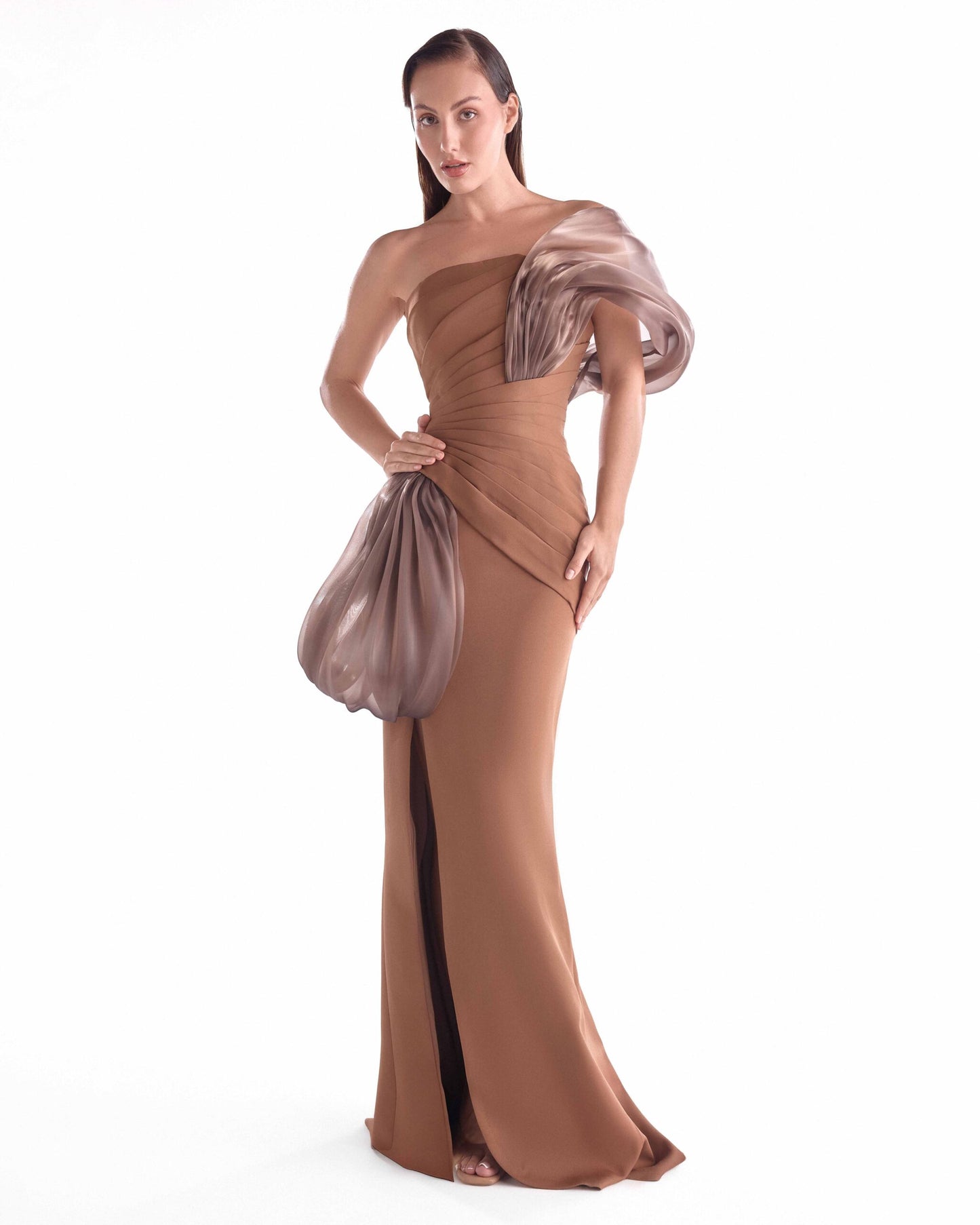 Elegant Off-Shoulder Brown Crepe and Fluid Organza Gown