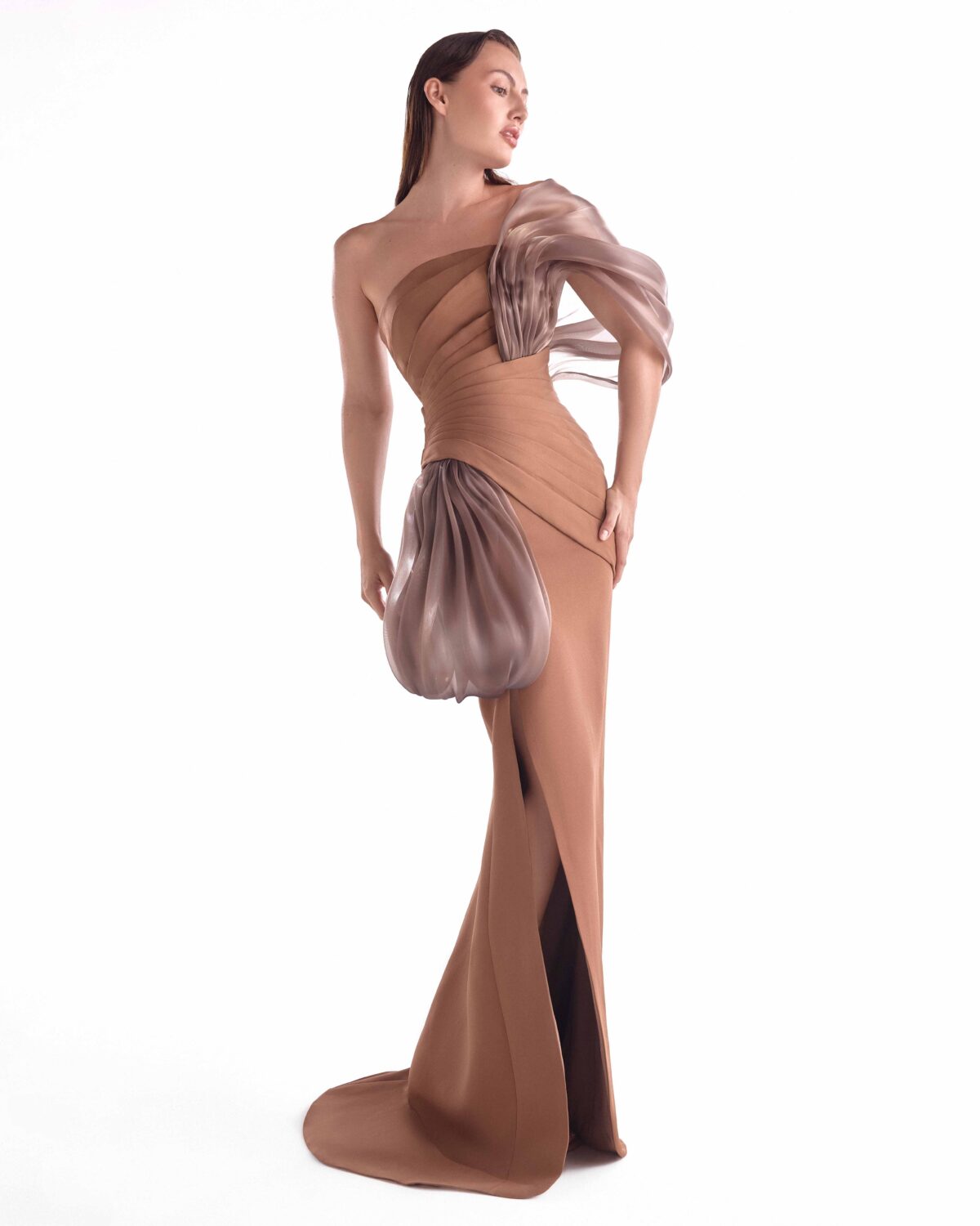 Elegant Off-Shoulder Brown Crepe and Fluid Organza Gown