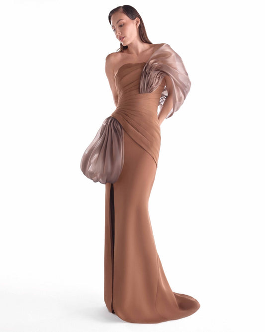 Elegant Off-Shoulder Brown Crepe and Fluid Organza Gown