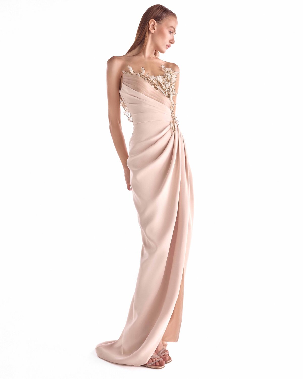 Golden Floral Embellishment Bloom, Nude Draped Gown