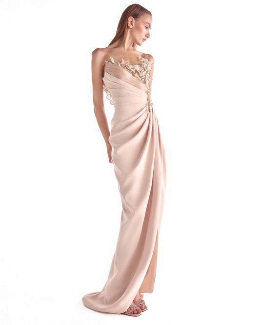 Golden Floral Embellishment Bloom, Nude Draped Gown