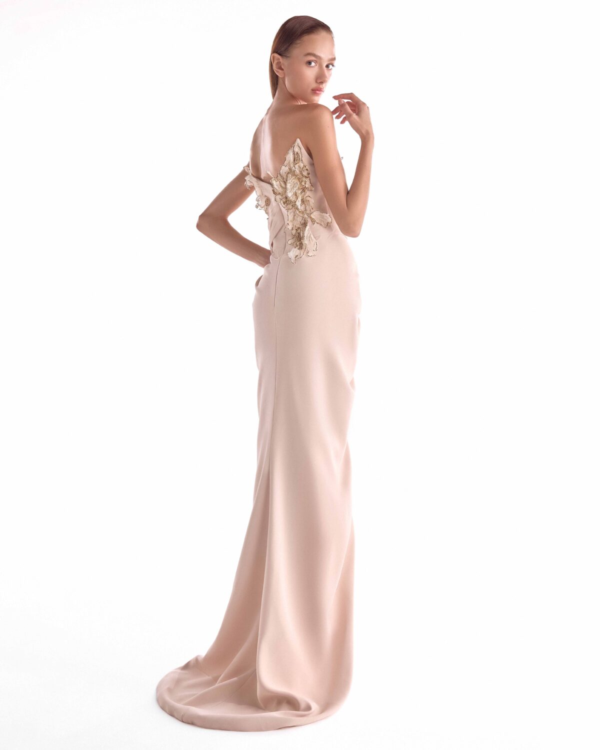 Golden Floral Embellishment Bloom, Nude Draped Gown