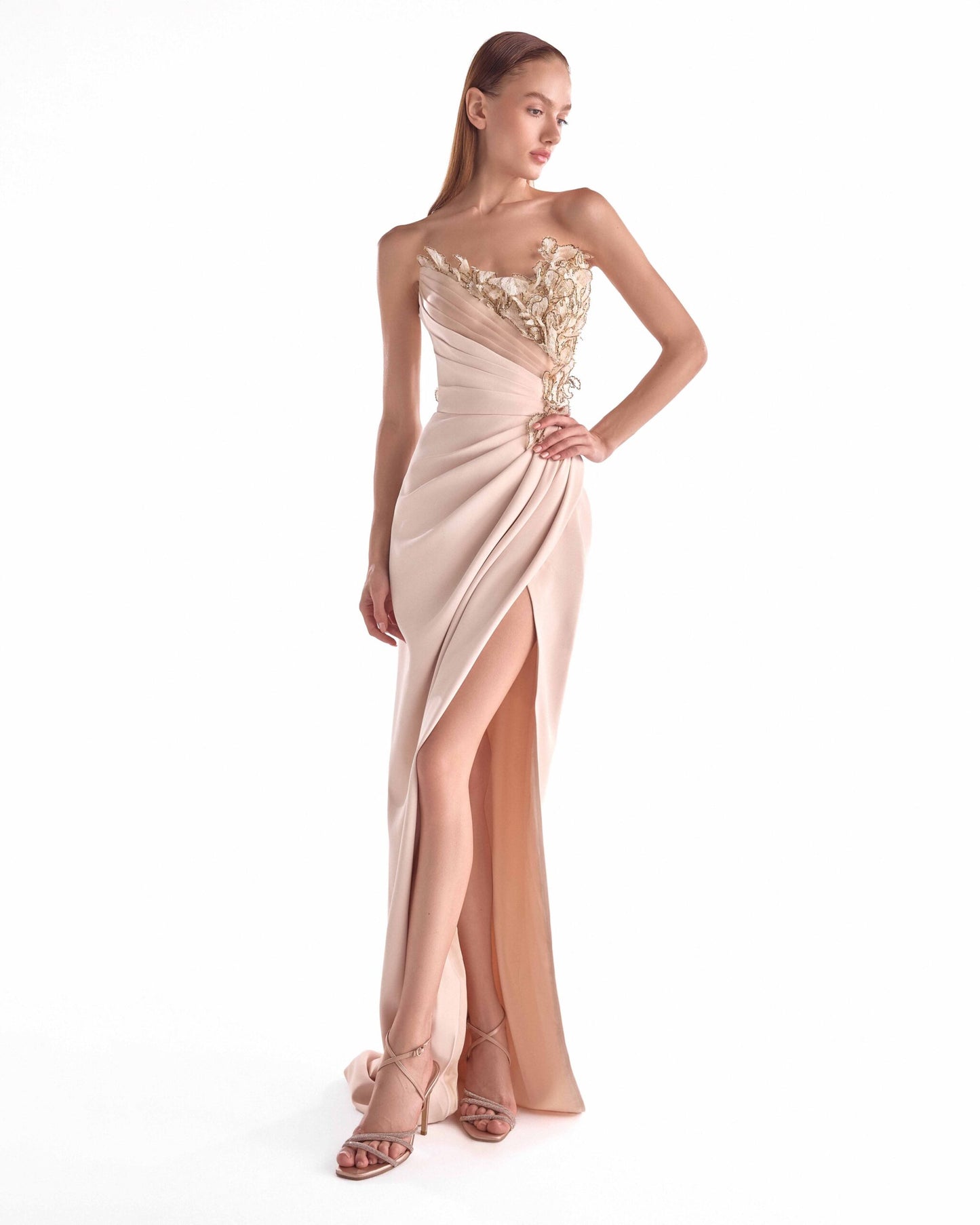 Golden Floral Embellishment Bloom, Nude Draped Gown