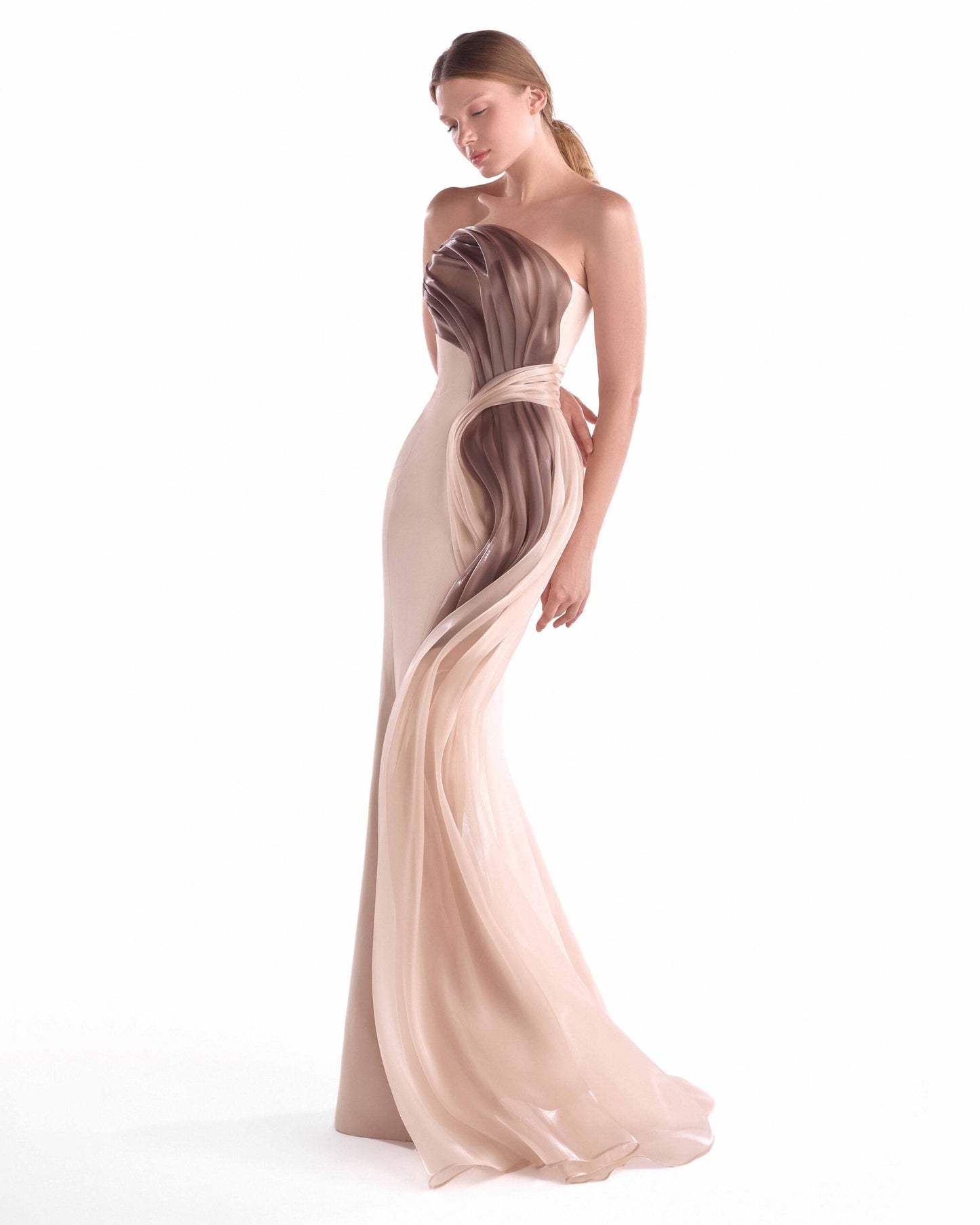 Sculpted Flow, Draped in Whispered Liquid Two-Tone Organza