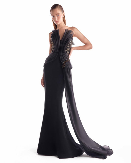 Obsidian Petals Draped Black Mermaid Gown