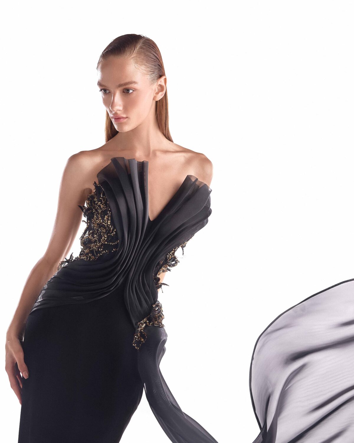 Obsidian Petals Draped Black Mermaid Gown