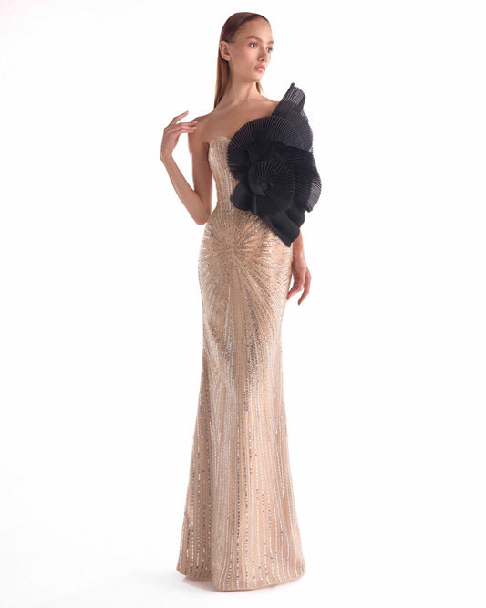 Sunburst Embellished Golden Gown, Oversized Black Bloom Detail