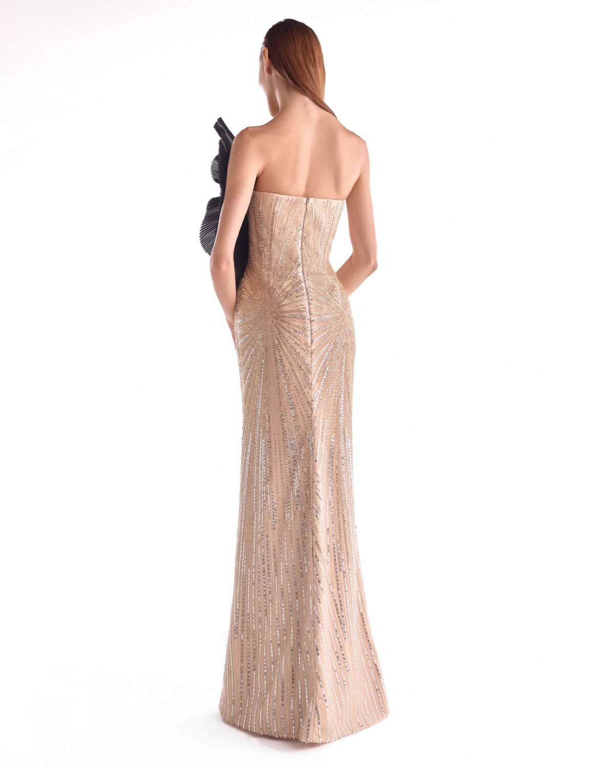 Sunburst Embellished Golden Gown, Oversized Black Bloom Detail