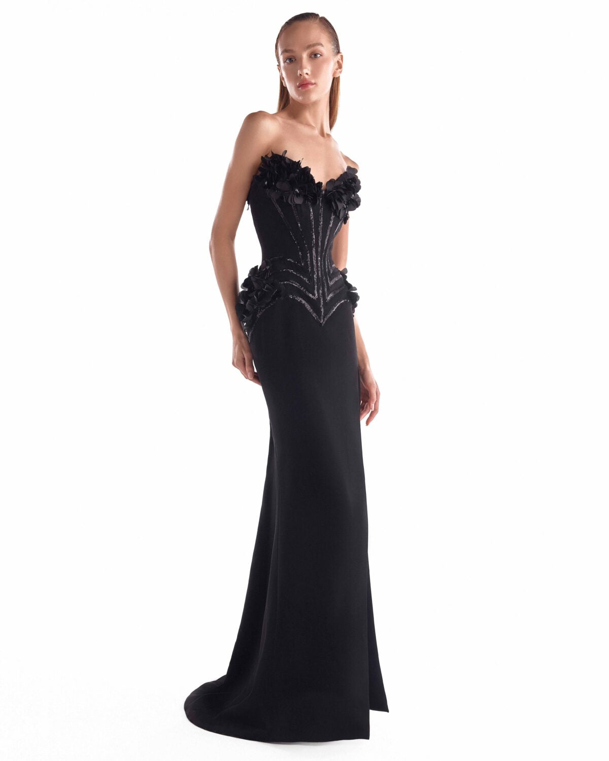 Noir Petal-Embellished Sculpted Corset Gown